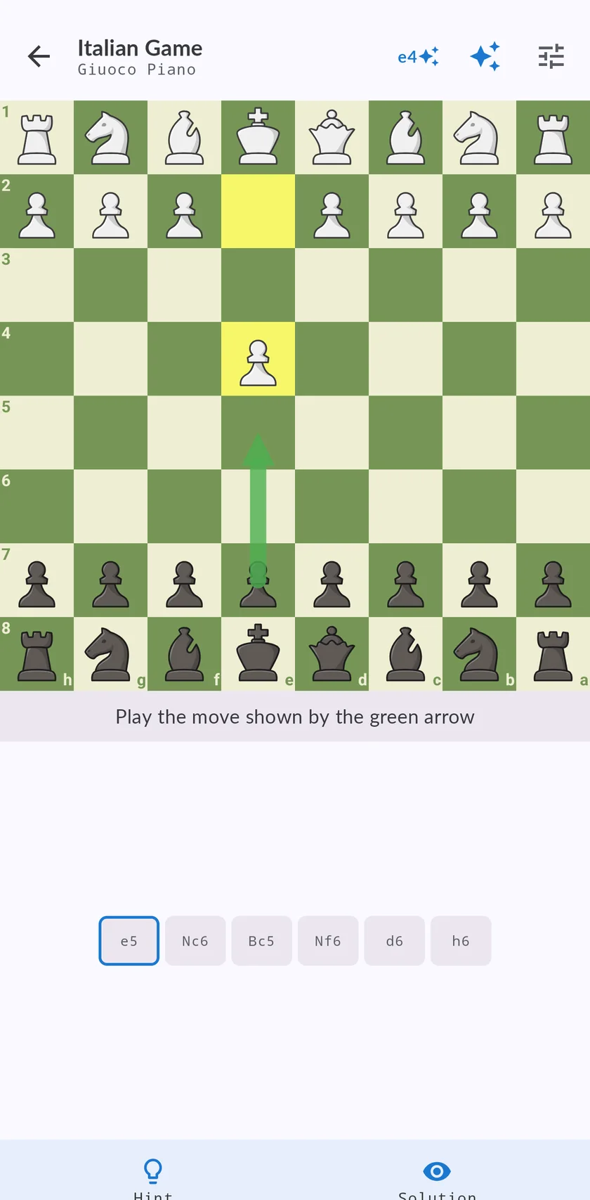 A training position in the Giuoco Piano, with a green arrow showing the move to play and the candidate moves listed below